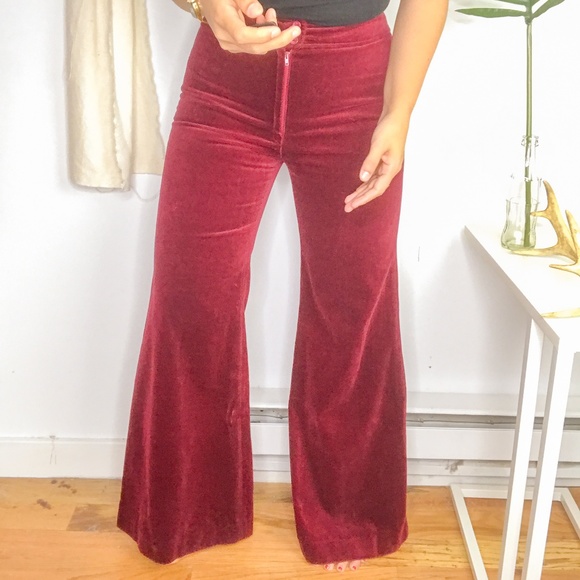 SOLD Vtg 70s Burgandy Velvet High Rise Flare Pants - Picture 3 of 6
